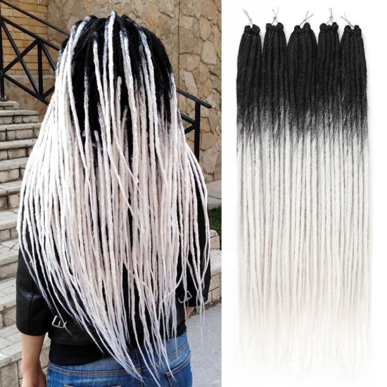 Picture of Leeven 20 Strands Synthetic Dreadlock Extensions 24 Inch Black to White Single Ended Synthetic Crochet Dread Extensions Handmade Soft Loc Extensions Reggae Style Hair for Women Men