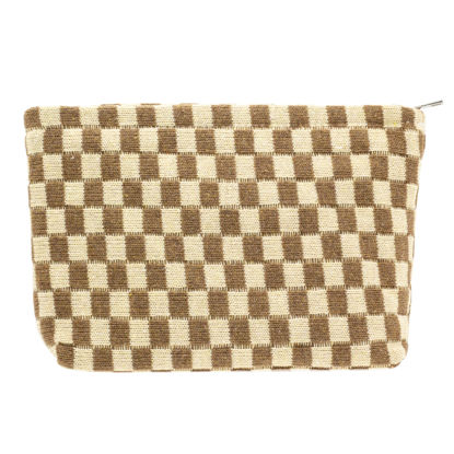 Picture of PAZIMIIK Knitted Checkered Makeup Bag Large Zipper Make Up Accessory Pouch for Purse Cosmetic Brush Bag for Travel Essential,Coffee