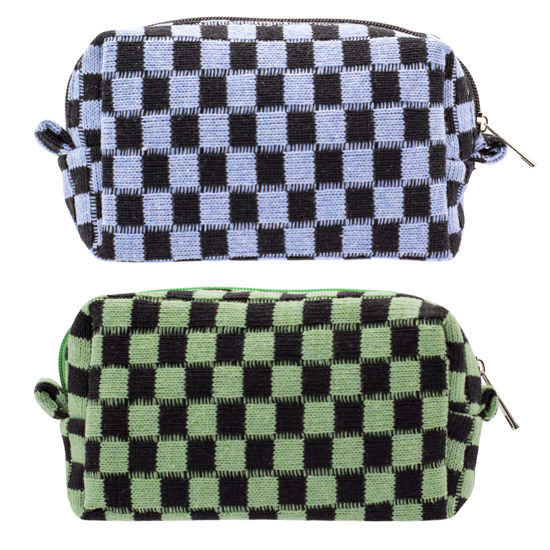 Picture of PAZIMIIK Checkered Makeup Bag for Purse Portable Zipper Make Up Pouch Small Cosmetic Case for Travel Accessories (2PCS Green Blue)