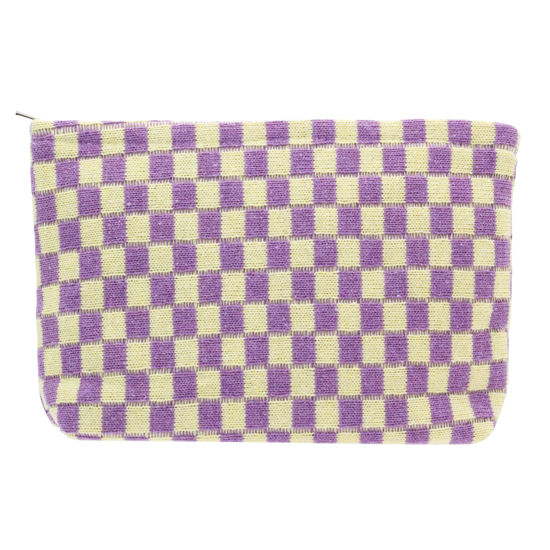 Picture of PAZIMIIK Knitted Checkered Makeup Bag Large Zipper Make Up Accessory Pouch for Purse Cosmetic Brush Bag for Travel Essential,Purple