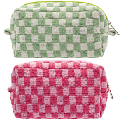 Picture of PAZIMIIK Checkered Makeup Bag for Purse Portable Zipper Make Up Pouch Small Cosmetic Case for Travel Accessories (2PCS Hotpink Light Green)