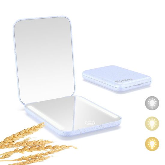 Picture of Kintion Rechargeable Pocket Mirror, Wheat Straw Material 1X/3X Magnification Portable Compact Mirror, Handheld Travel Mirror, Small Purse Mirrors for Women, Purple