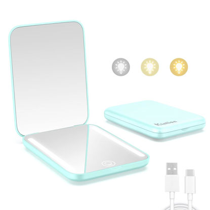 Picture of Kintion Rechargeable Pocket Mirror, Double Sided 1X/3X Magnification Compact Vanity Mirror, 3 Color Lights, Dimmable, Small Portable Wallet Mirror, Lighted Travel Mirror for Women Gifts, Cyan