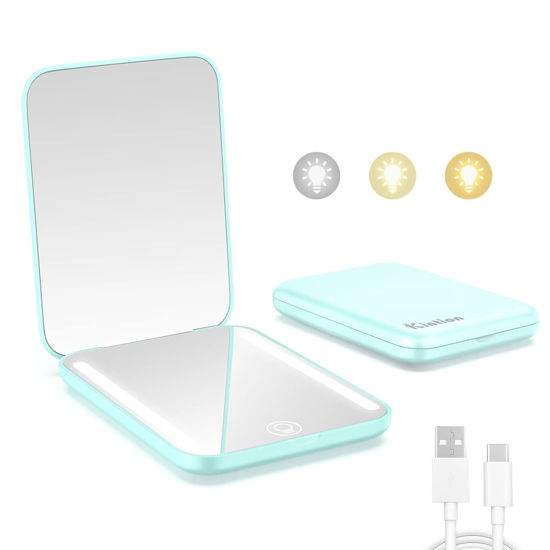 Picture of Kintion Rechargeable Pocket Mirror, Double Sided 1X/3X Magnification Compact Vanity Mirror, 3 Color Lights, Dimmable, Small Portable Wallet Mirror, Lighted Travel Mirror for Women Gifts, Cyan