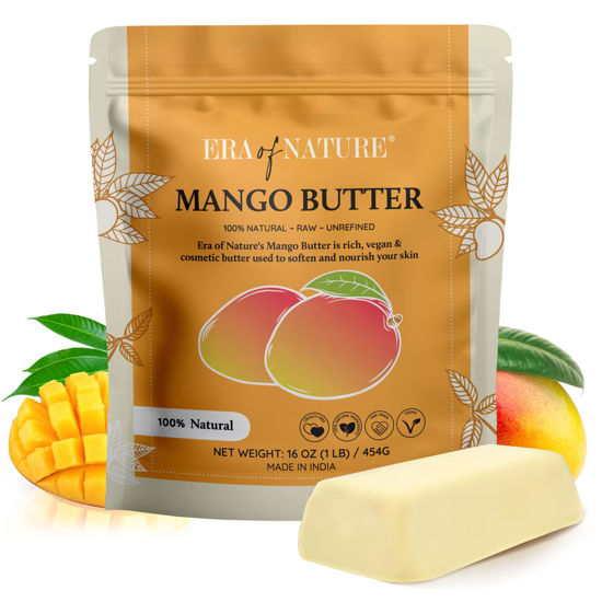 Picture of era of nature Organic Unrefined Raw MANGO BUTTER BLOCK Bulk, Skin Moisturizing, Use Alone or in DIY Body Butters, Soaps, Lotions and lip balm - 16oz
