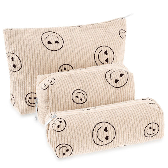 Picture of Huhumy 3 Pcs Makeup Bag Set Corduroy Cosmetic Bag for Women Aesthetic Smile Travel Toiletry Bag Cute Purse Pouch Pencil Case Makeup Brushes Storage Bag Organizer with Zipper(Beige,Smile Face)