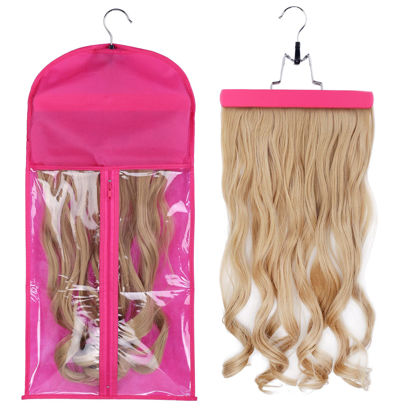 Picture of 1 Pack Hair Extension Hanger with Storage Bag Wig Holder Storage Bag Bundles Hairpieces Ponytail Wig Carrier Case with Hanger for Store Style Hair Travel Pink Color