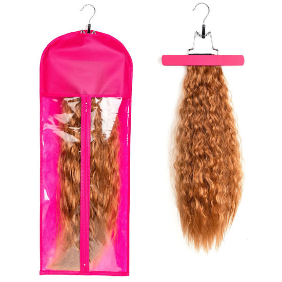 Picture of 1 Pack Extra Long Hair Extension Holder Wig Storage Bag with Hanger Hairpieces Ponytail Bundles Storage Carrier Case for Store Style Hair Travel Hair Extensions Bag Pink Color