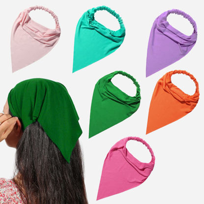 Picture of 6 Pack Hair Scarf Headband for Women - Elastic Hair Kerchief Large Boho Triangle Bandana Head Scarf with Clips Non Slip Solid Color Headbands Hair Scarves for Teen Girls