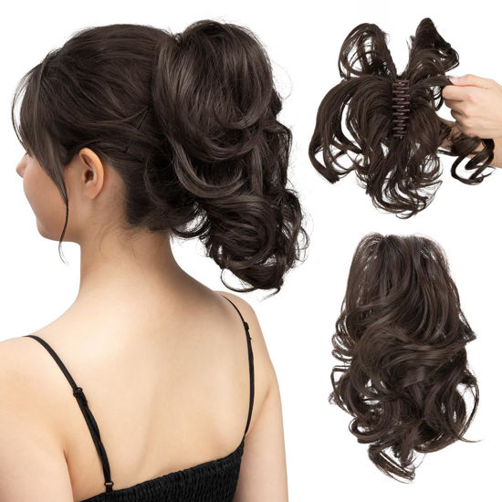 Picture of CJL HAIR Claw Clip Short Ponytail Hair Extensions Bendable Metals Messy Bun Hair piece Wavy Curly Fake Hairpieces (Darker Brown, Wavy)