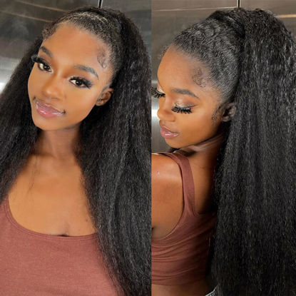 Picture of CALNESHIA 12 14 16 Kinky Straight Bundles Human Hair Yaki Straight Human Hair 3 Bundles 100% Unprocessed Brazilian Virgin Remy Hair Yaki Straight Bundles For Black Women Natural Black Color