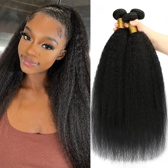 Picture of Kinky Straight Hair 3 Bundles Yaki Straight Bundles Human Hair 16 18 20 inch 100% Unprocessed Brazilian Virgin Hair Weave Kinky Straight Bundles Sew in Kinkystraight Human Hair Bundles