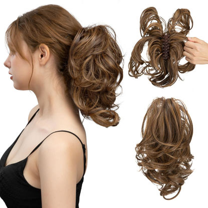 Picture of CJL HAIR Claw Clip Short Ponytail Hair Extensions Bendable Metals Messy Bun Hair piece Wavy Curly Fake Hairpieces (Dark Brown/Golden Auburn, Wavy)