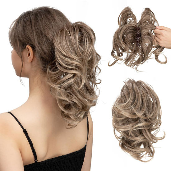 Picture of CJL HAIR Claw Clip Short Ponytail Hair Extensions Bendable Metals Messy Bun Hair piece Wavy Curly Fake Hairpieces (Brown to Ash Blonde, Wavy)