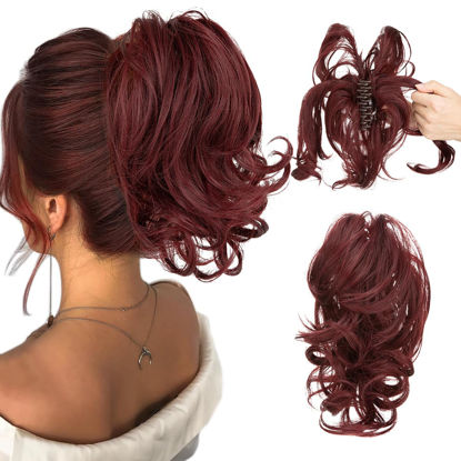 Picture of CJL HAIR Claw Clip Short Ponytail Hair Extensions Bendable Metals Messy Bun Hair piece Wavy Curly Fake Hairpieces (Burgundy, Wavy)