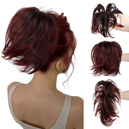 Picture of CJL HAIR Claw Clip Short Ponytail Hair Extensions Bendable Metals Messy Bun Hair piece Wavy Curly Fake Hairpieces (Black to Wine, Straight)