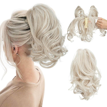 Picture of CJL HAIR Claw Clip Short Ponytail Hair Extensions Bendable Metals Messy Bun Hair piece Wavy Curly Fake Hairpieces (Cold Blonde, Wavy)