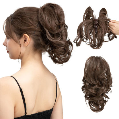 Picture of CJL HAIR Claw Clip Short Ponytail Hair Extensions Bendable Metals Messy Bun Hair piece Wavy Curly Fake Hairpieces (Medium Brown, Wavy)