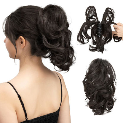 Picture of CJL HAIR Claw Clip Short Ponytail Hair Extensions Bendable Metals Messy Bun Hair piece Wavy Curly Fake Hairpieces (Black Brown, Wavy)