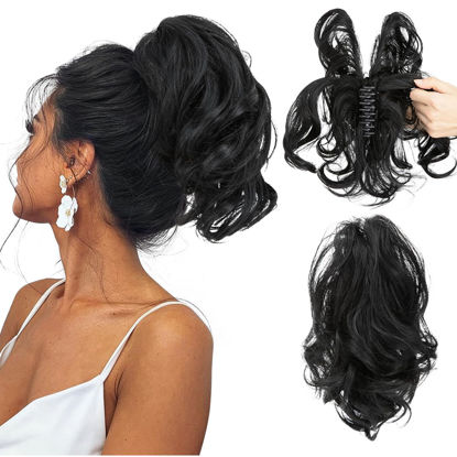 Picture of CJL HAIR Claw Clip Short Ponytail Hair Extensions Bendable Metals Messy Bun Hair piece Wavy Curly Fake Hairpieces (Jet Black, Wavy)