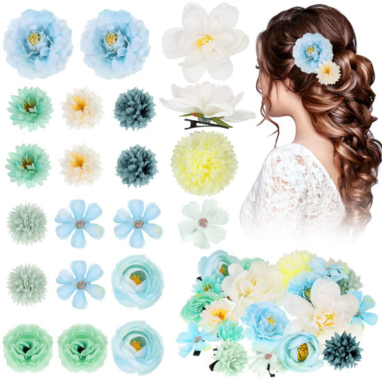 Picture of BBTO 21 Pieces Flower Hair Clip Rose Hair Clips Hair Barrettes for Women Flower Hair Accessories Boho Bride Claw Clip Hairpin Brooch Pin Headpiece for Wedding(Blue)