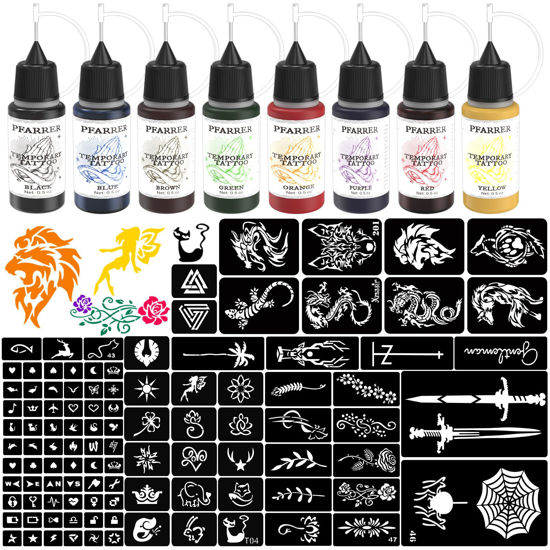 Picture of PFARRER Temporary Tattoo Kit 8 Bottles Color Temporary DIY Tattoo Ink,105 Pcs Stencils Kit for Body Paint Fake Tattoos for Kids&Women (Black,Red,Green,Blue,Yellow,Purple,Brown,Orange)