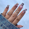 Picture of RUOKEXIN Square Press on Nails Medium Length Fake Nails with Glue Purple Acrylic False Nails with Brown Striped Love Heart Designs Glossy Gold Glitter Artificial Nails Fall Winter Stick on Nails 24Pcs