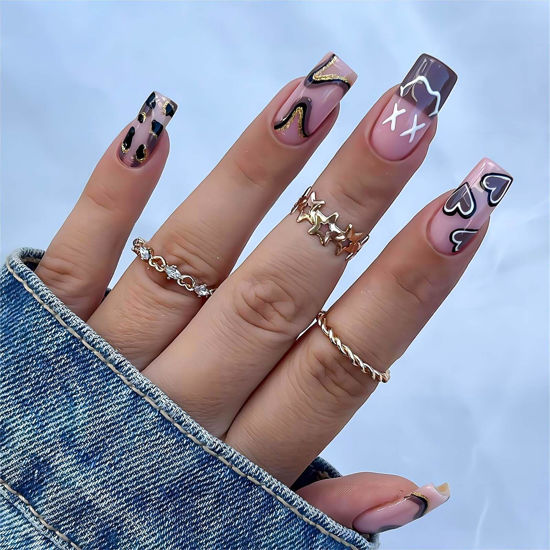 Picture of RUOKEXIN Square Press on Nails Medium Length Fake Nails with Glue Purple Acrylic False Nails with Brown Striped Love Heart Designs Glossy Gold Glitter Artificial Nails Fall Winter Stick on Nails 24Pcs