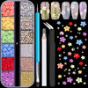 Picture of 3D Flowers for Nails, Colorful Acrylic Flower Nail Charms with Caviar Beads, Flat Back Glass Crystal AB + Clear Gemstones Round Gems Rhinestones for Nails & Acrylic Nails with Dotting Tools