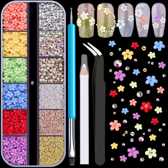Picture of 3D Flowers for Nails, Colorful Acrylic Flower Nail Charms with Caviar Beads, Flat Back Glass Crystal AB + Clear Gemstones Round Gems Rhinestones for Nails & Acrylic Nails with Dotting Tools