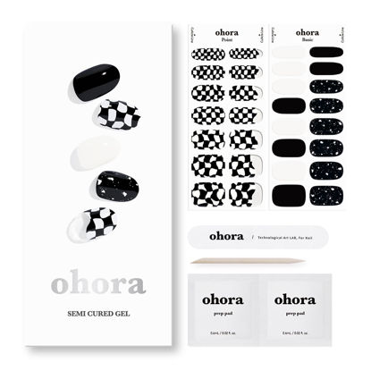Picture of ohora Semi Cured Gel Nail Strips (N Checkers) - Dark, Patterned, Works with Any UV/LED Nail Lamps, Salon-Quality, Long Lasting, Easy to Apply & Remove - Includes 2 Prep Pads, Nail File & Wooden Stick