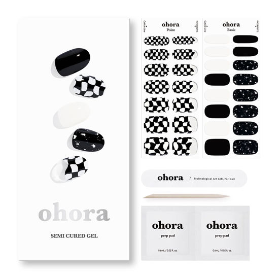 Picture of ohora Semi Cured Gel Nail Strips (N Checkers) - Dark, Patterned, Works with Any UV/LED Nail Lamps, Salon-Quality, Long Lasting, Easy to Apply & Remove - Includes 2 Prep Pads, Nail File & Wooden Stick