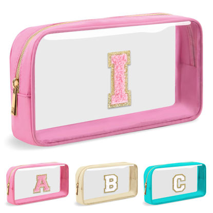 Picture of Personalized Initial Letter Clear Makeup Bag,Preppy Small Nylon&PVC Cosmetic Zipper Bag with Chenille Letter,Portable Beach Travel Skincare Toiletry Bag,Trendy Monogram Gift for Teen Girls Women,I