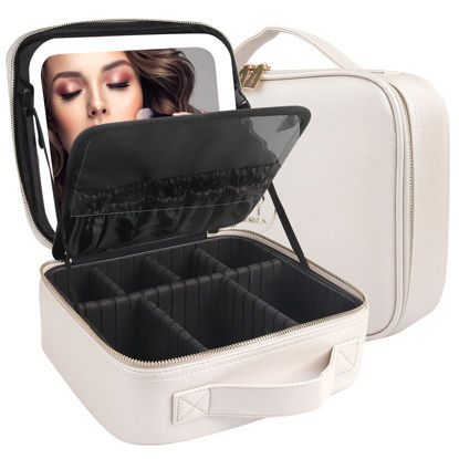Picture of MOMIRA Makeup Bag with Mirror and Light Travel Makeup Train Case Cosmetic Bag Organizer Portable Artist Storage Bag with Adjustable Dividers Makeup Brushes Storage Organizer Brilliant Creamy White