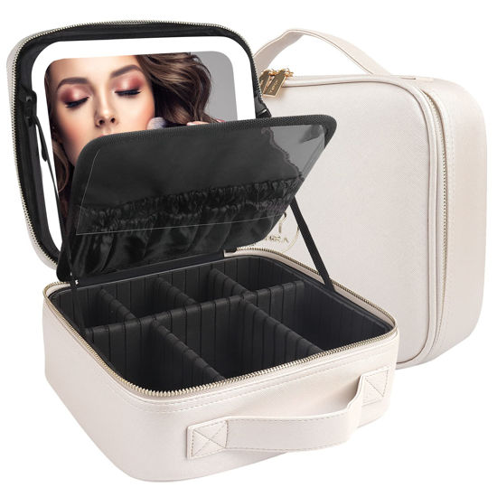 Picture of MOMIRA Makeup Bag with Mirror and Light Travel Makeup Train Case Cosmetic Bag Organizer Portable Artist Storage Bag with Adjustable Dividers Makeup Brushes Storage Organizer Brilliant Creamy White