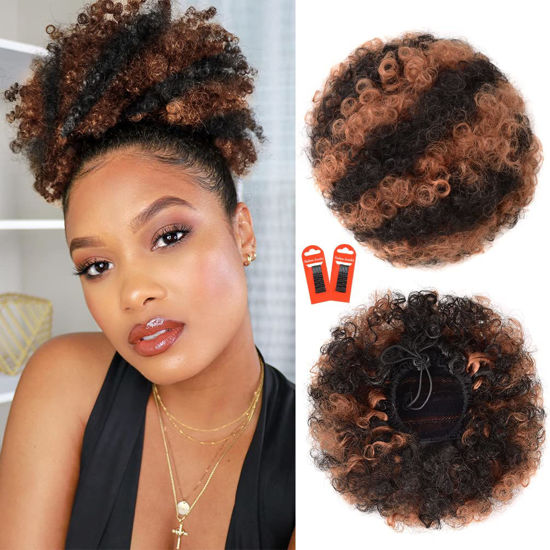 Picture of rosmile Afro Puff Drawstring Ponytail Extension for Black Women, Premium Black to Brown 80 Gram Short Synthetic Afro Puff Ponytail for Natural Hair, Clip on Kinky Drawstring Curly Ponytail Bun