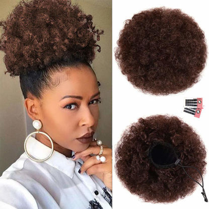 Picture of rosmile Afro Puff Drawstring Ponytail Extension for Black Women, Premium Deep Brown #33 80 Gram Short Synthetic Afro Puff Ponytail for Natural Hair, Clip On Kinky Drawstring Curly Ponytail Bun