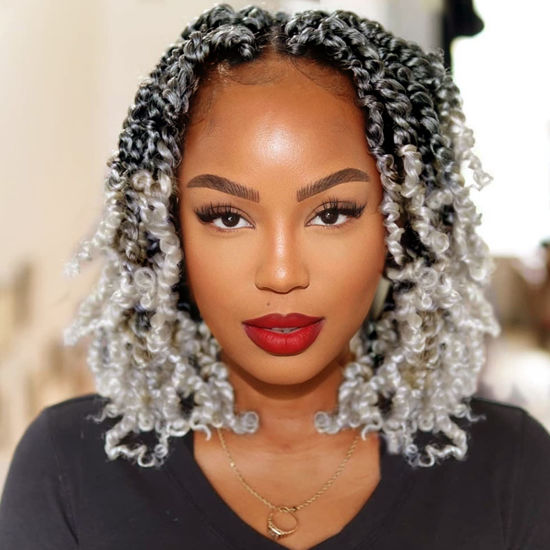 Picture of Bileaf 8 Packs Passion Twist Crochet Hair Pre Looped Passion Twist Hair 8 Inch, Pre-Twisted Crochet Passion Twists Bohemian Braiding Twist Crochet Hair for Women Girls and Kids Curly Ends T-Gray