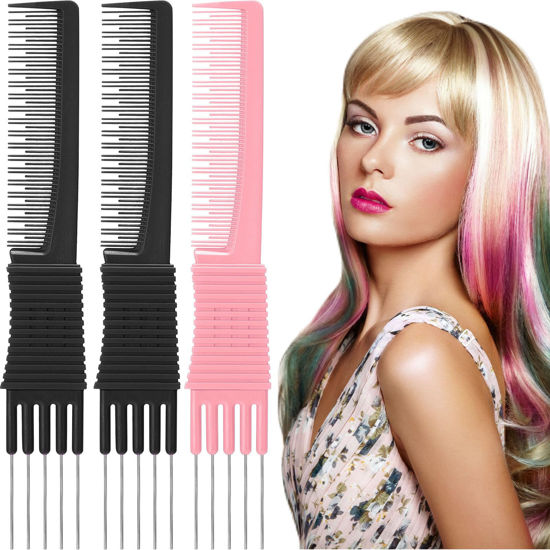Picture of Leinuosen 3 Pack Teasing Combs with Metal Prong, Salon Back Combs with Stainless Steel Lift (Black, Pink)