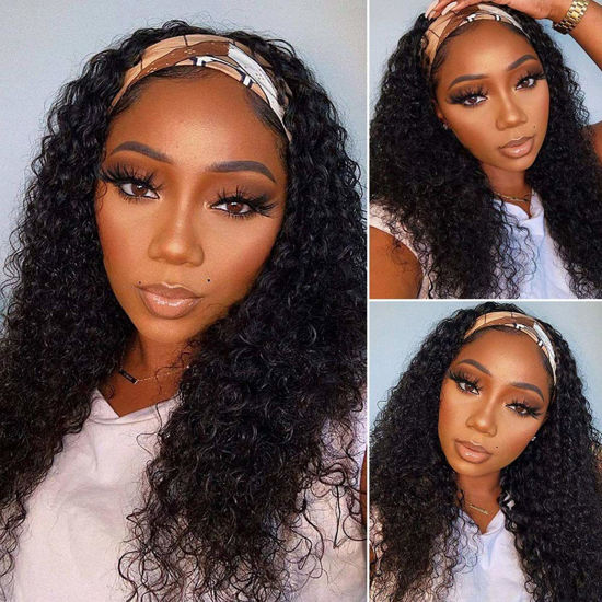 Picture of Headband Wig Human Hair Deep Wave 18 inch None Lace Front Wig Human Hair Machine Made Wigs Glueless Curly Hair Headband Half Wigs for Black Women Human Hair Natural Color