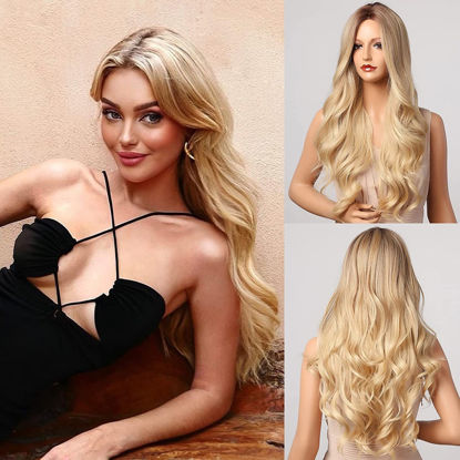 Picture of Honygebia Blonde Middle Part Wig - Long Wavy Ombre Blond Wigs with Dark Roots for Women, Curly Synthetic Heat Resistant Hair, Natural Looking Cute Wigs for Halloween/Christmas/Cosplay/Party