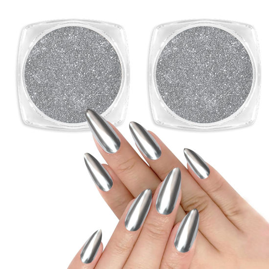 Picture of Allstarry Chrome Nail Powder 2pcs Metallic Mirror Effect Dust Glitter Glazed Manicure Decoration Reflective Pigment for Gel Polish Nail Art Decoration Resin Craft, Festivals - Silver