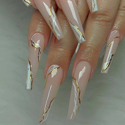 Picture of DANMANR Long Press on Nails Square French Fake Nails Full Cover Nude Acrylic False Nails for Women and Girls 24PCS (Gold Swirl)