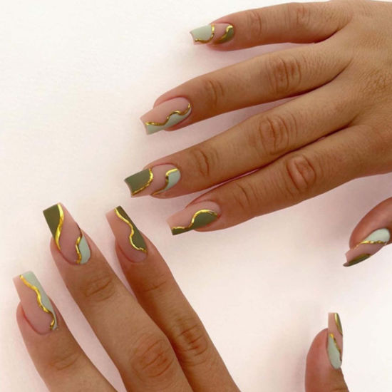 Picture of DANMANR Long Press on Nails Square French Fake Nails Full Cover Nude Acrylic False Nails for Women and Girls 24PCS (Green Coffin)