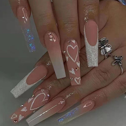 Picture of DANMANR Long Press on Nails Square French Fake Nails Full Cover Nude Acrylic False Nails for Women and Girls 24PCS (French Coffin Pink)