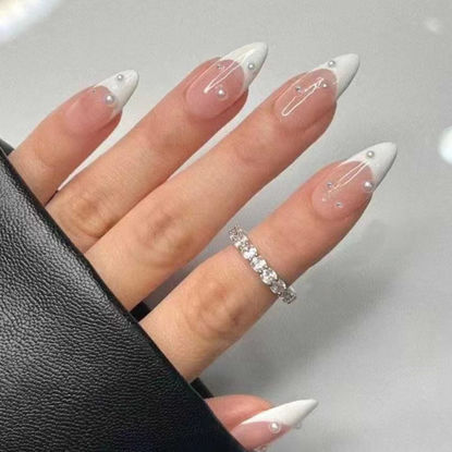 Picture of DANMANR Square Press on Nails Short Fake Nails French Acrylic Full Cover False Nails for Women and Girls 24PCS (White French)