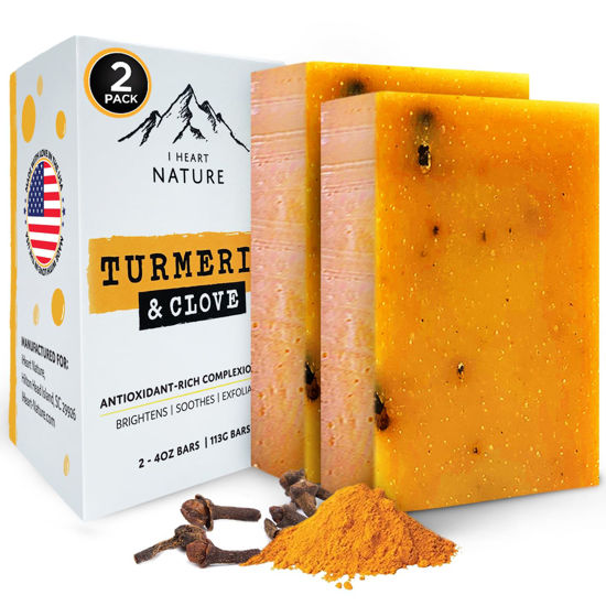 Picture of Organic Turmeric Soap for Dark Spots & Acne with Clove Bud (2 Packs) - Face & Body Bar - Rich, Creamy Lather for Natural Skin Glow Aromatherapy