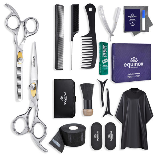Picture of Equinox Professional Hair Scissors Set - Pro Barber Kit, Includes Hair Cutting Scissors, Thinning Shears, Straight Razor, 3 Combs, Clips, and Grippers - Hair Salon & Barber Supplies, Hair Tools