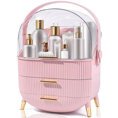 Picture of lurcns Makeup Organizers and Storage, Make up Organizer for Vanity Cosmetics Skincare Organizers With Lid and Drawers Display Cases for Countertop（Pink）