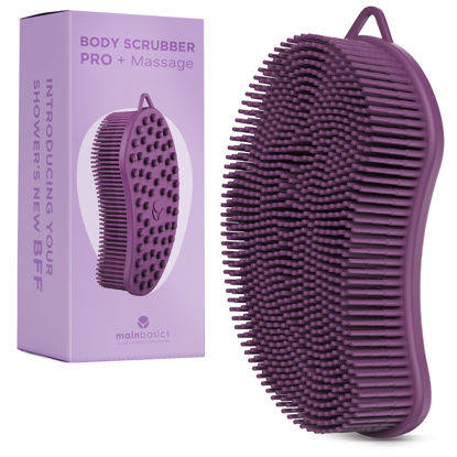 Picture of MainBasics Exfoliating Silicone Body Scrubber Pro 2-in-1 Shower Scrubber for Body, Silicone Loofah and Body Massager (Purple, Body + Massage)